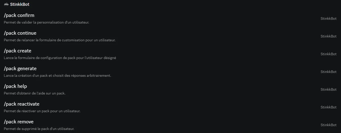 Commande du bot Discord Stinkk Pack